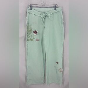 Aziz Mint Green Linen Cotton Wide Leg Pants Large Floral Embroidered Patches